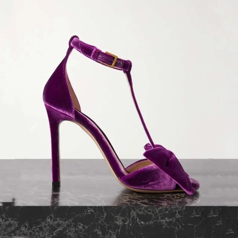 Velvet Bowknot Stiletto Sandals with Ankle Strap for Women