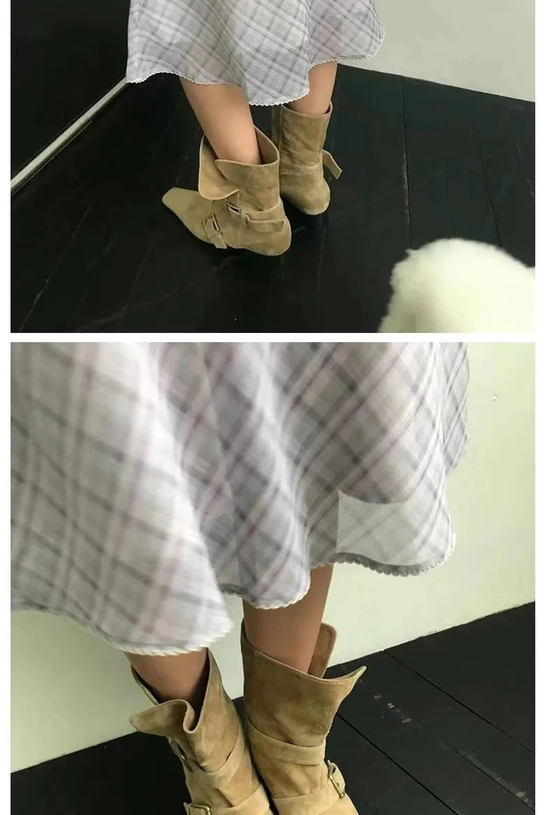 Vintage Suede Square Heel Boots