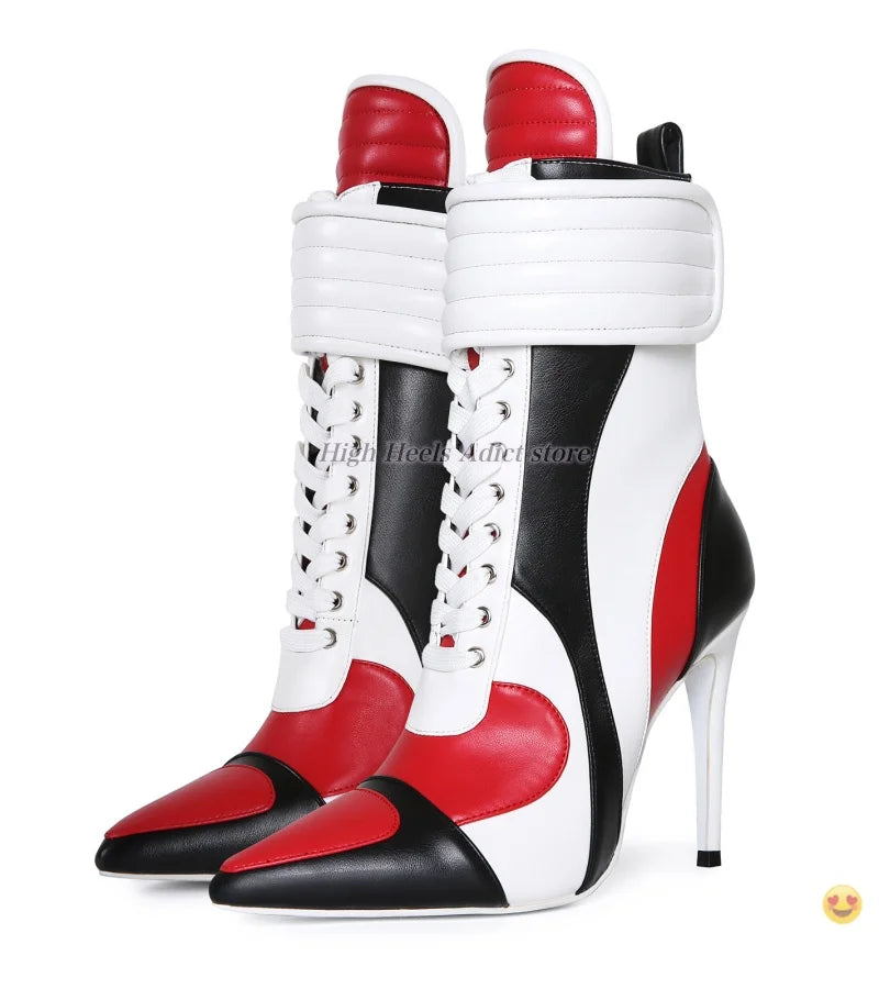 Stiletto Pointy Toe Lace Up Leather Midcalf Boots For Women