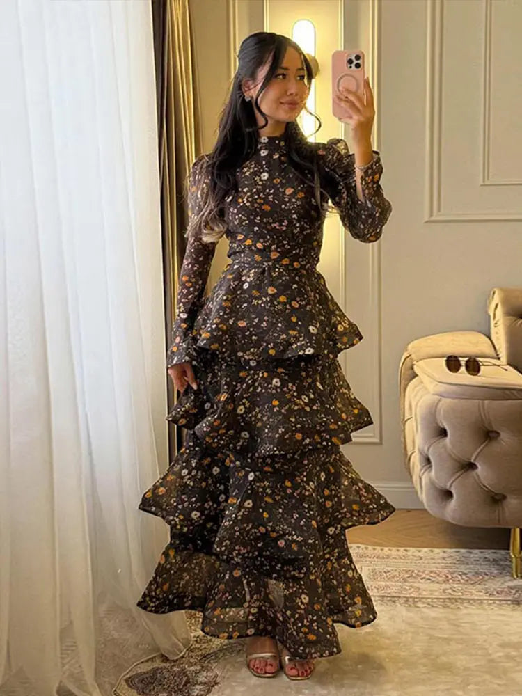 Chic Floral Bell Sleeve Floor-Length Dress For Women