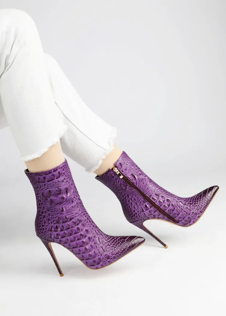Purple Crocodile Stiletto Ankle Boots