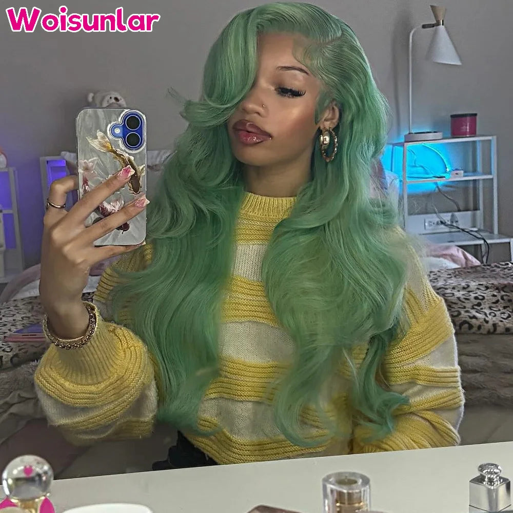 34 Inches Light Green Color Lace Frontal Wigs Human Hair 13x4 13x6 Transparent Lace Body Wave 200% Black Women Human Hair Wigs%