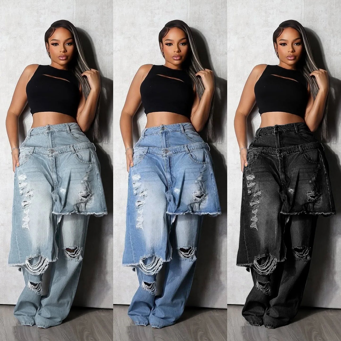 High Waist Ripped Patchwork Straight Cargo Jeans for Women