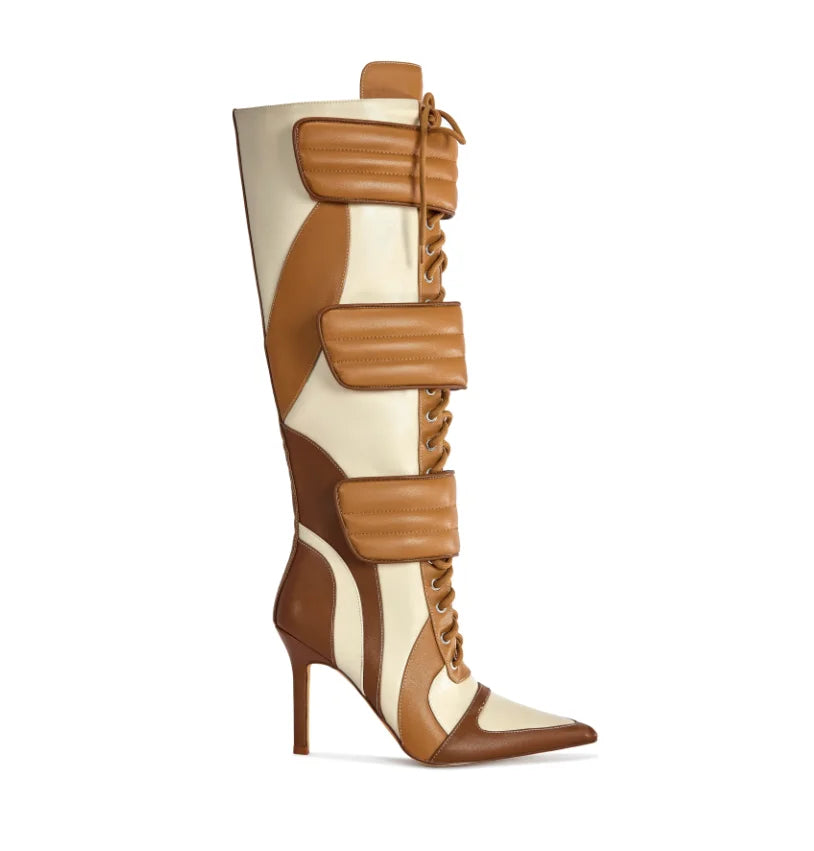 Tan Leather Point Toe Stiletto Knee High Boots For Women
