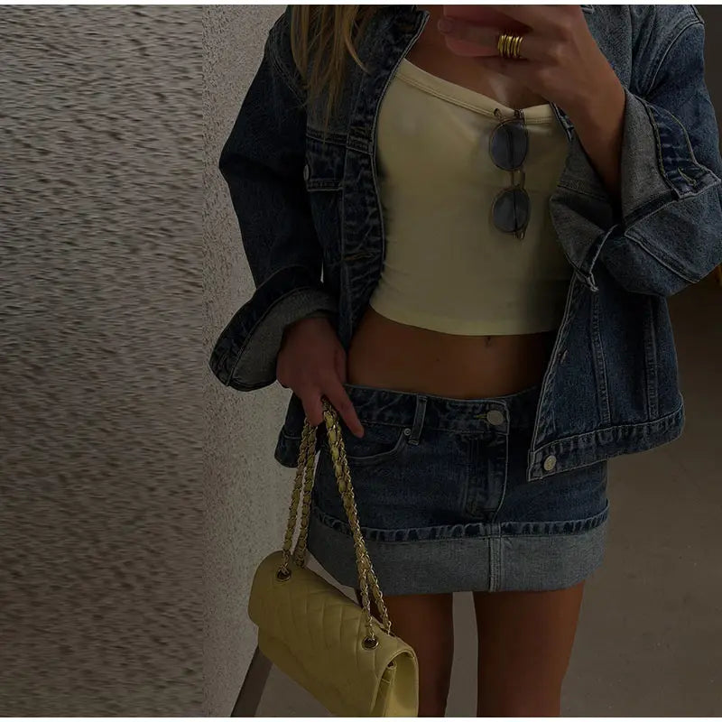 High Waisted Acid Wash Denim Two Piece Set For Women