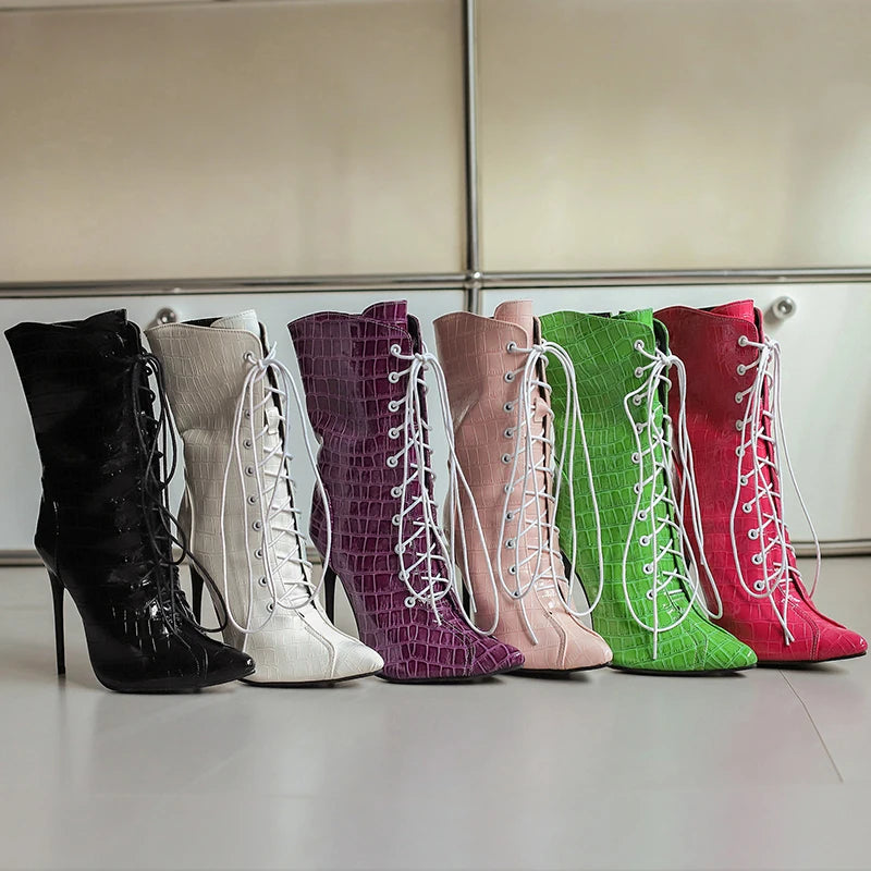 Alligator Pattern Lace Up Stiletto Ankle Boots for Women
