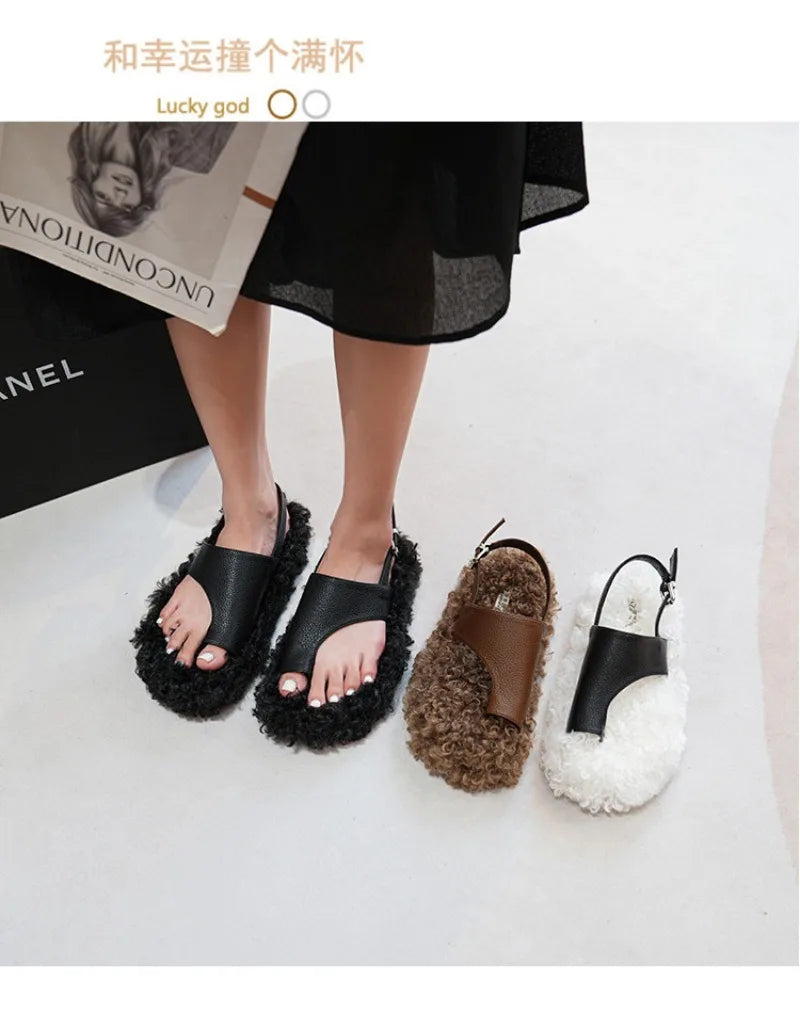 Cozy Plush Buckle Strap Flat Toe Slippers for Women