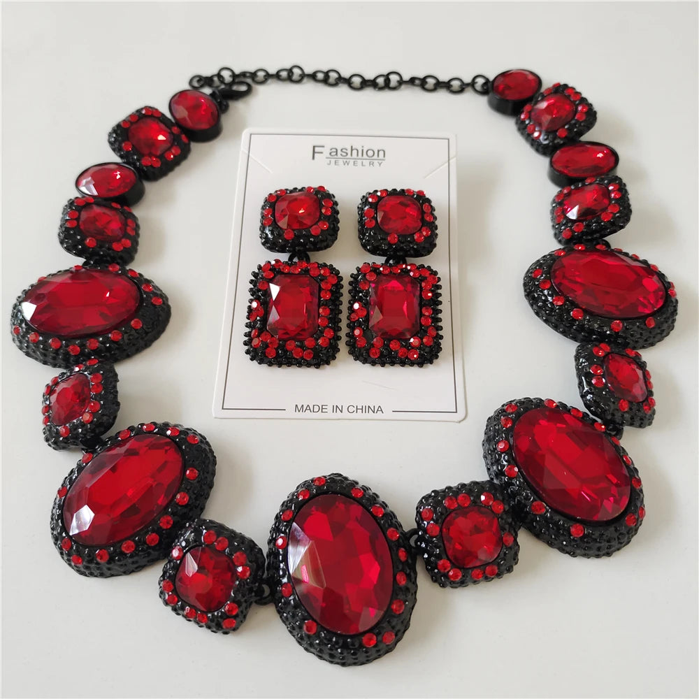 Red Crystal Statement Necklace and Earrings Set for Women