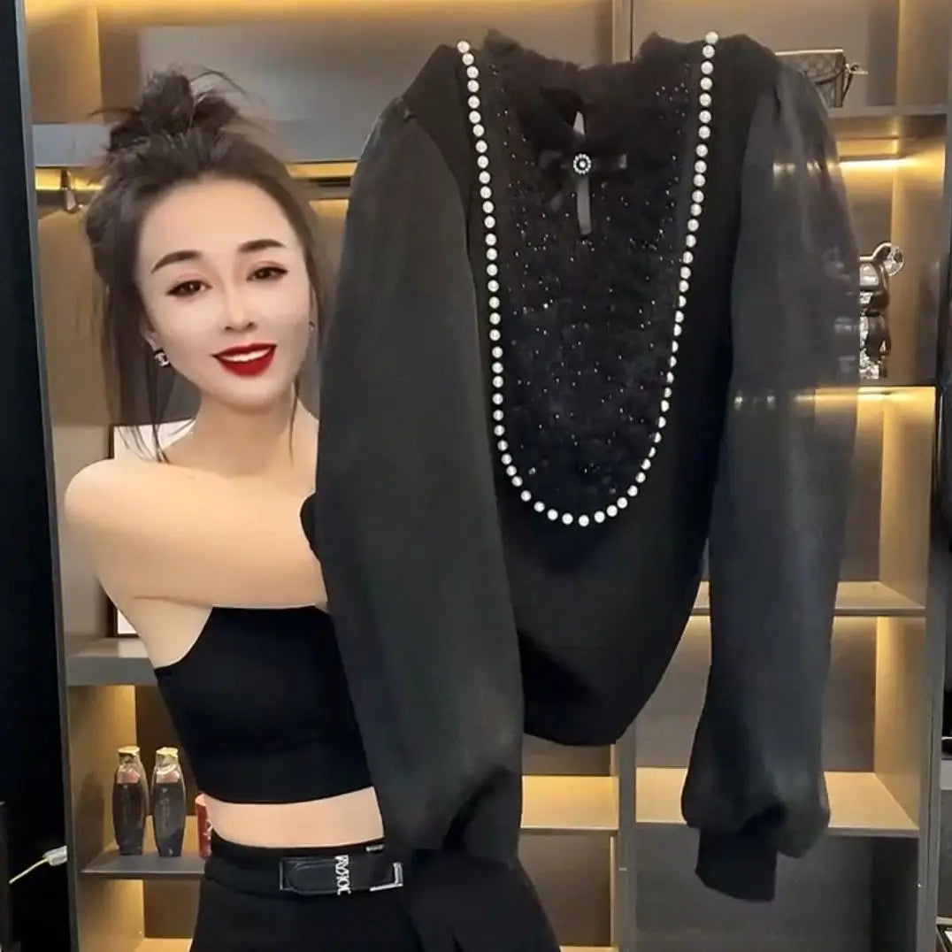 Beaded Long Sleeve O Neck Versatile Blouse For Women