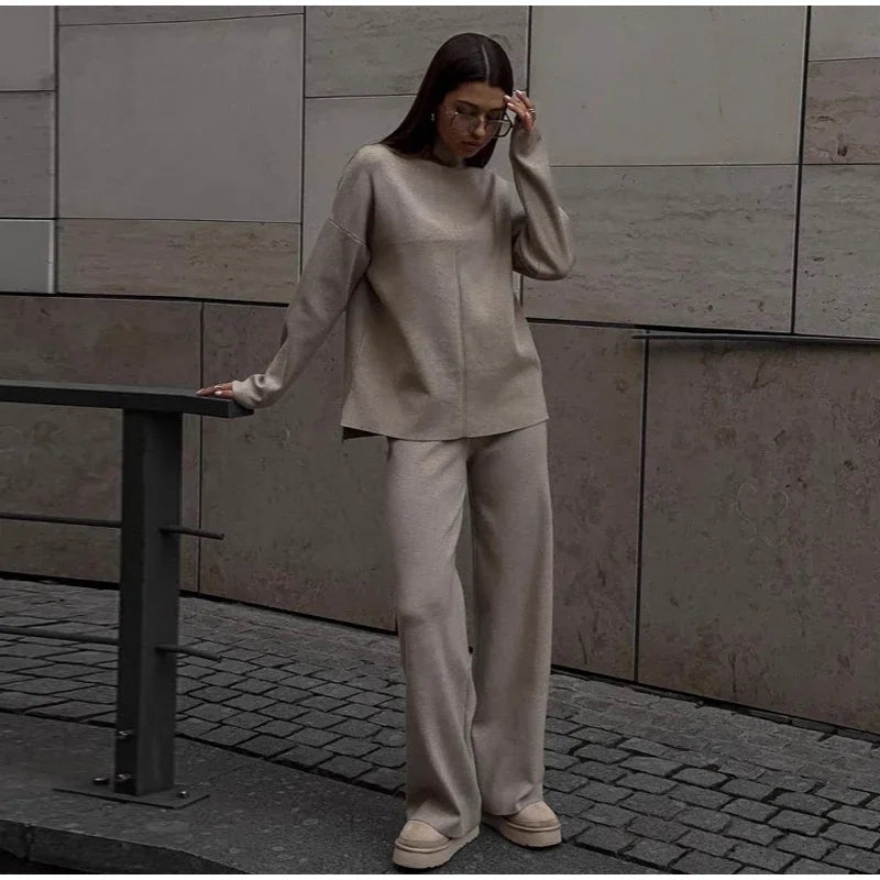 Solid Turtleneck Sweatshirt Set With Wide Leg Pants for Women