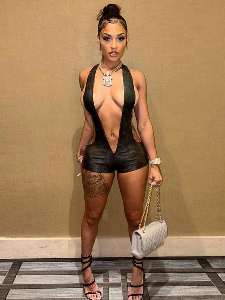 Faux Leather Halter Deep V Neck Backless Romper for Women