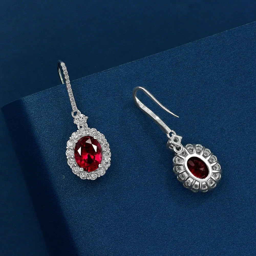 Drop Earrings With Oval Cut Ruby And Sapphire Stones In Sterling Silver 925, Vintage Style