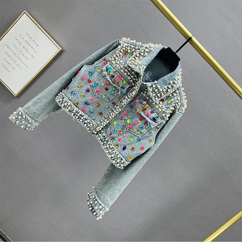 Rhinestone Studded Beaded Denim Lapel Jacket For Women