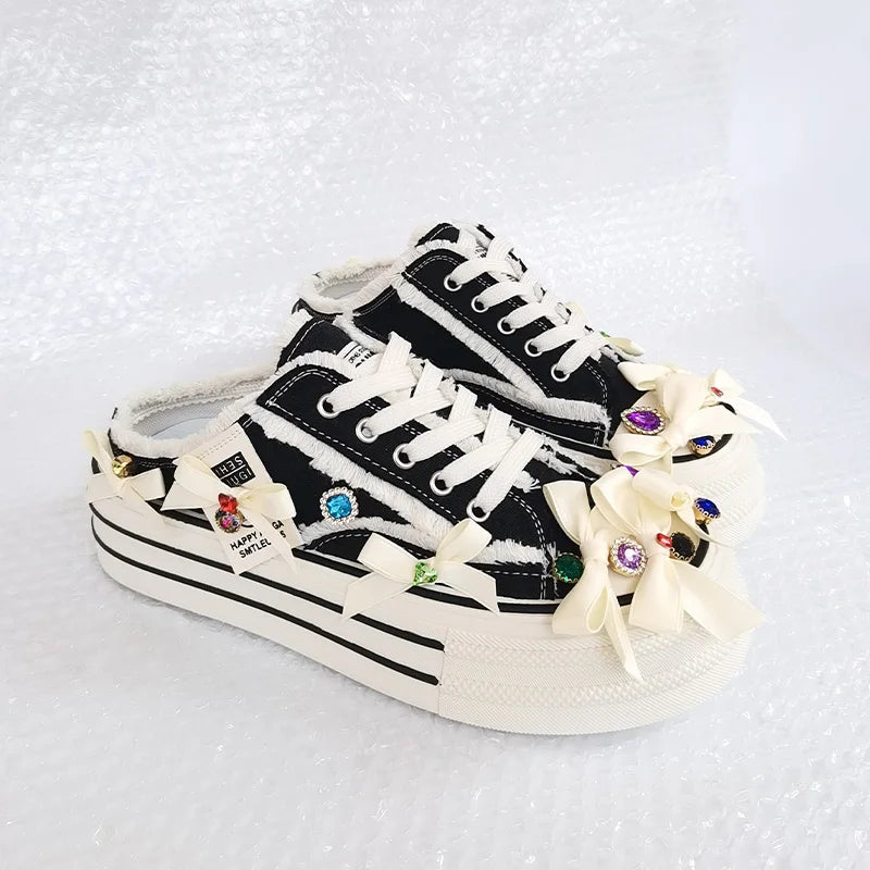 Shiny Sequined Pearl Stud Canvas Slippers for Women