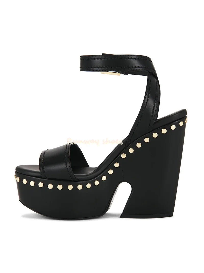 Rivet Open Toe Waterproof Buckle Sandals With Chunky Heel for Women