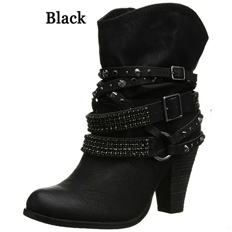 Pleated Mid-Calf Boots With Rivet and Square Heel for Women