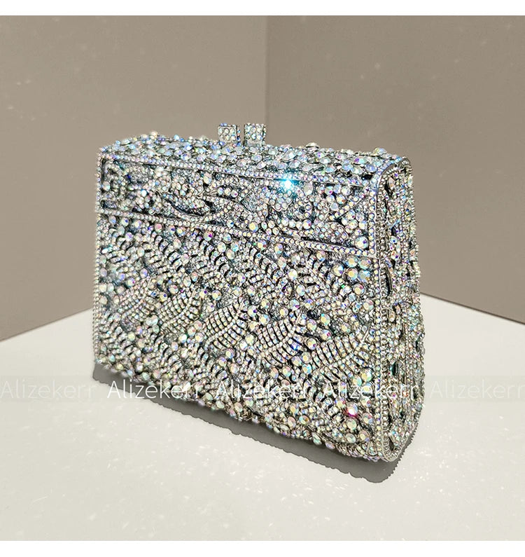 Metallic Leaf Diamond Evening Bag With Rhinestone Accents for Women