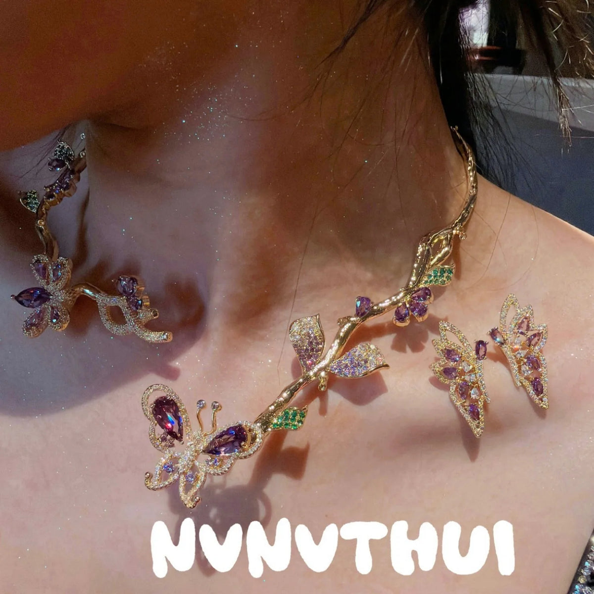 Purple Butterfly Zircon Necklace and Earring Set for Women
