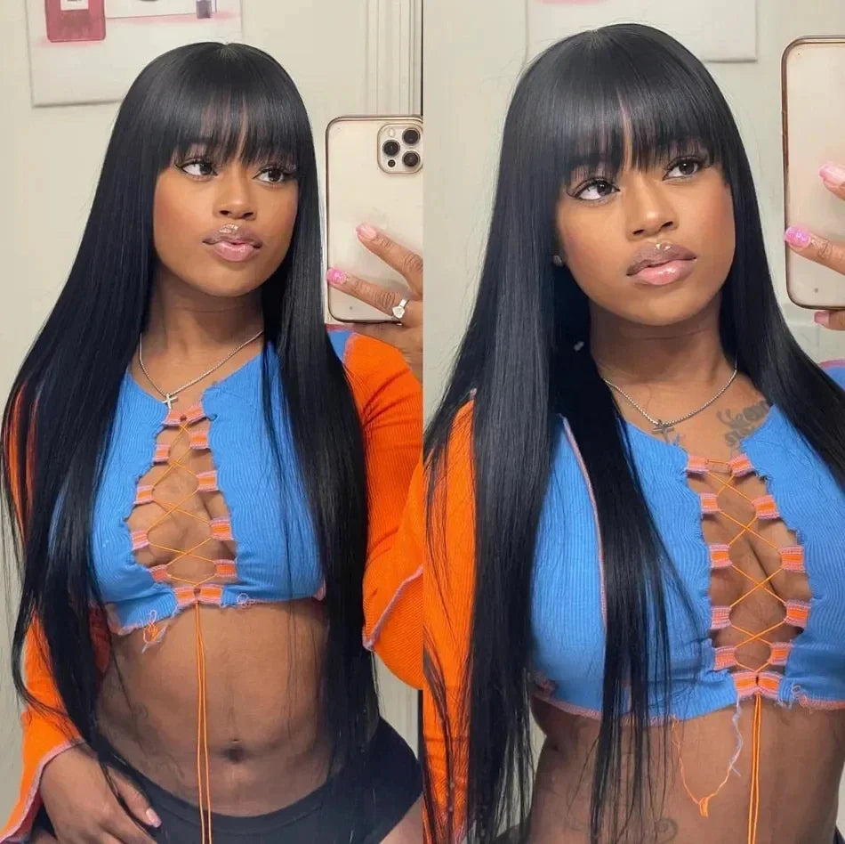 Long Straight Natural Human Hair Wig With Bangs for Women