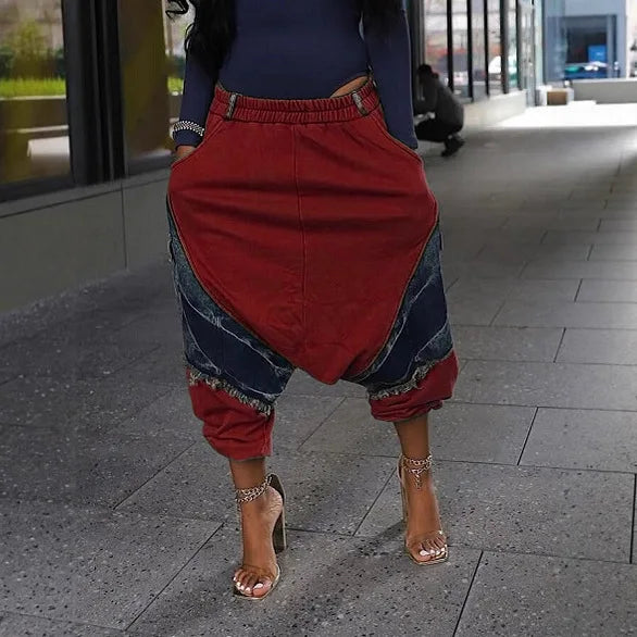 High Waist Patchwork Loose Fit Harem Jeans for Women