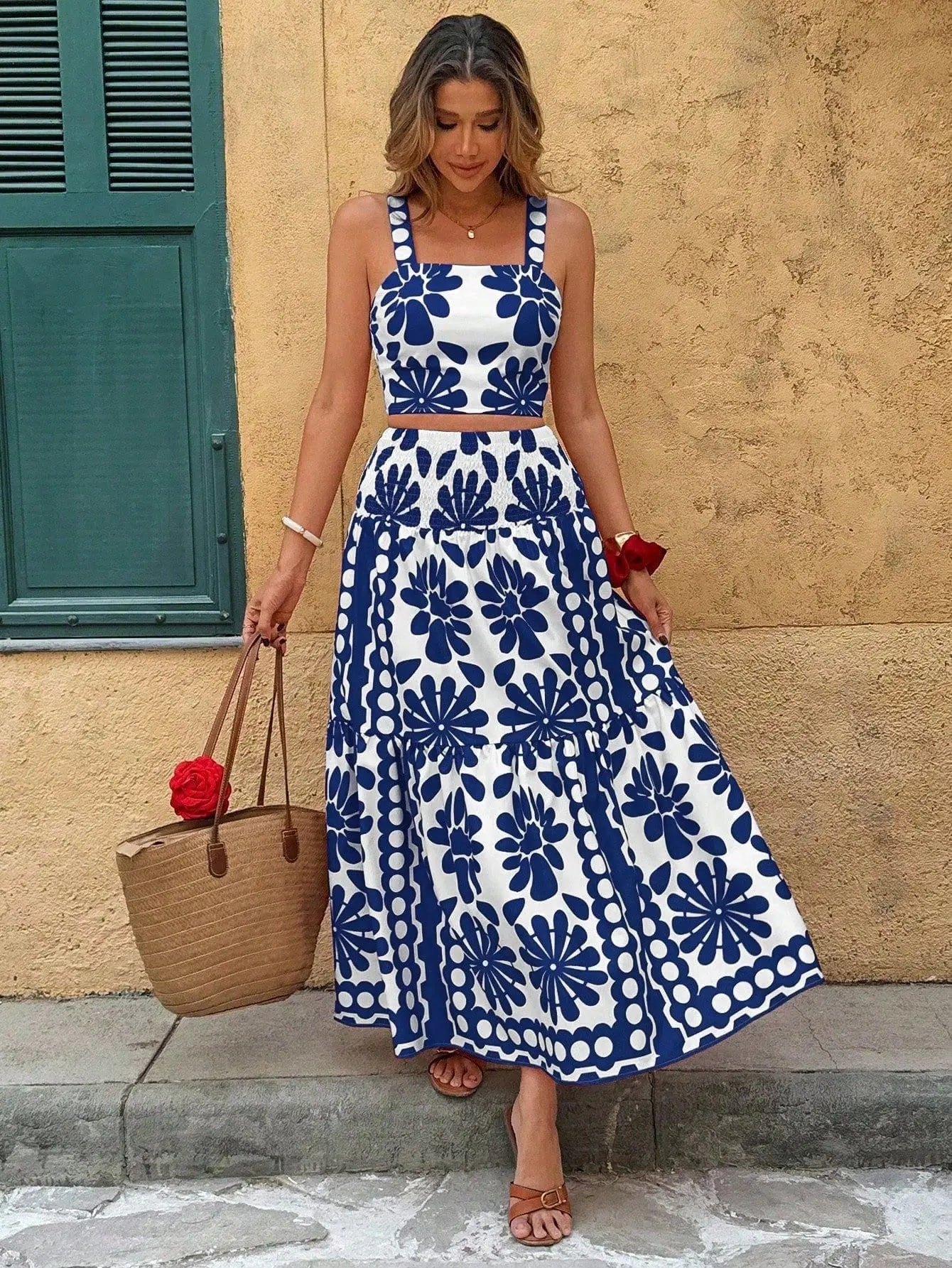 Boho Backless Vintage Print Cami Top And Maxi Skirt Set for Women