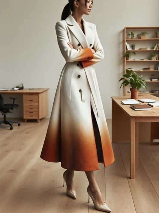 Beautyblue Fashion Women Gradient Outerwear Long Blazer Elegant Loose Tied Waist Buttoned A-Line Woolen Coat for Office Commute