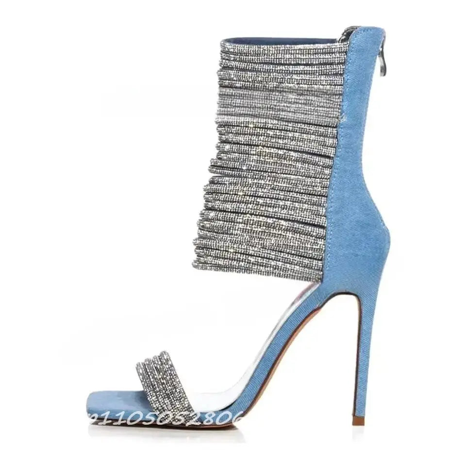 Crystal Strappy Square Toe Stiletto Sandals For Women