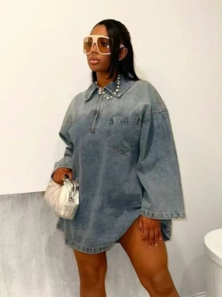 Joskaa Fashion Blue Denim Dress Women Hipster Lapel Zipper Pocket Full Sleeve Loose Mini Dresses 2025 Spring Vintage Streetwear