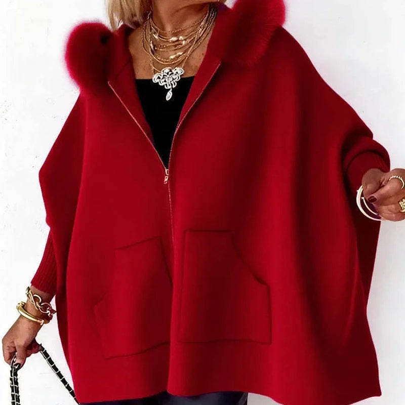 Autumn Winter Long Batwing Sleeve Chic Sweater Coats, Women Pocket Patchwork Simple Cardigan, Loose Casual Hooded Top Streetwear