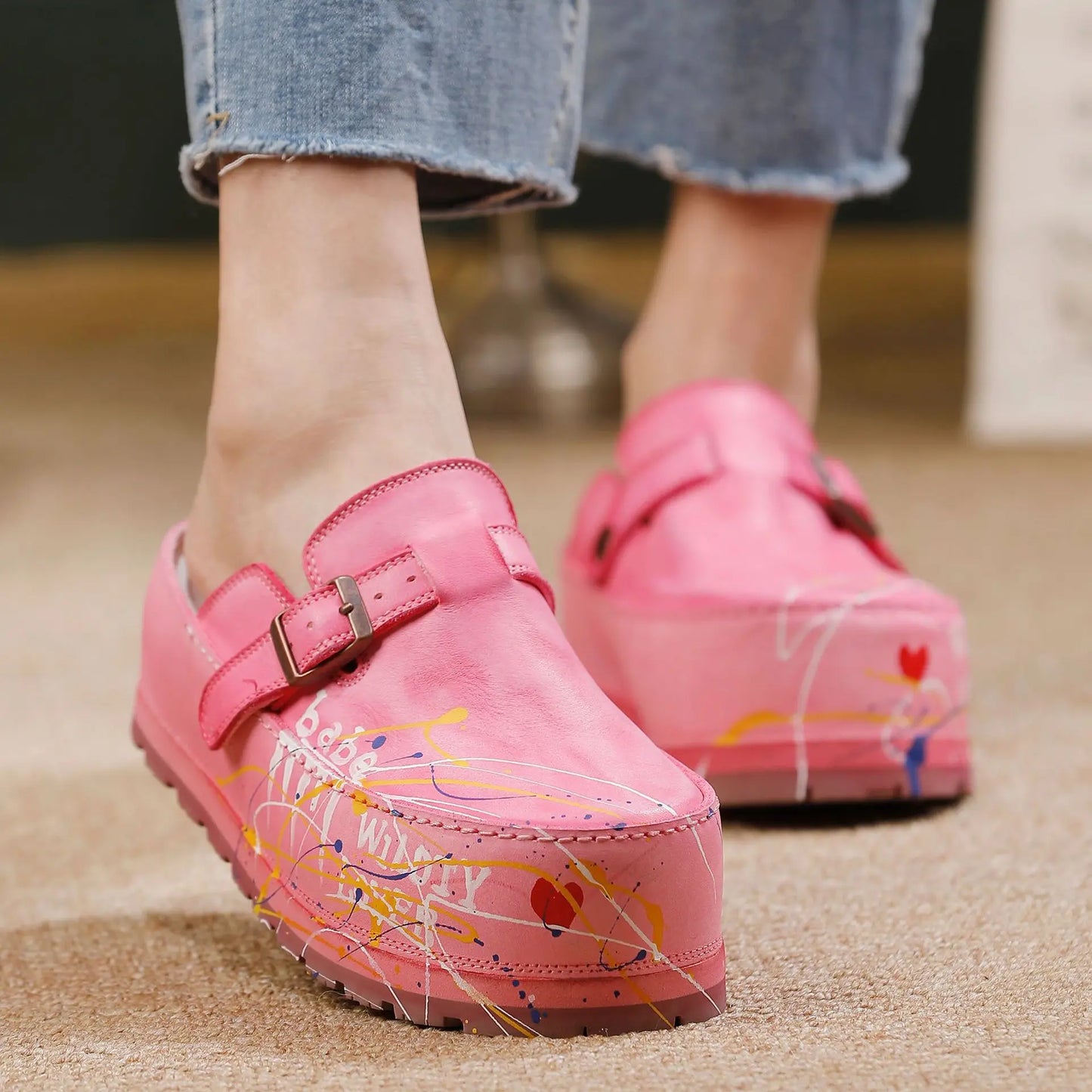 Hand Drawn Leather Platform Slippers with Round Toe for Women