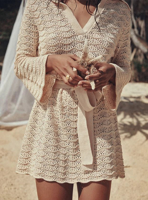 Sexy Shirt V-neck Bell Sleeve Hollow Out Knitted Belted Beach Mini Dress 2025 Summer Swimsuit Cover Up Women's Casual Outfit K16