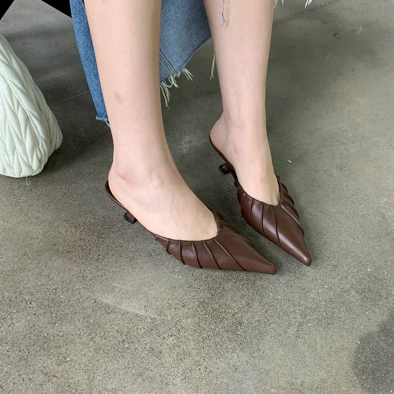 Casual Pleated Thin Heel Cushioned Slides for Women
