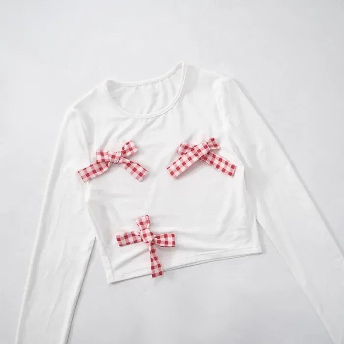 2 Piece Skirt Set for Women Bow Decoration Long Sleeves Top and Versatile Plaid Dresses Y2k Suit Spring and Summer 2025 New
