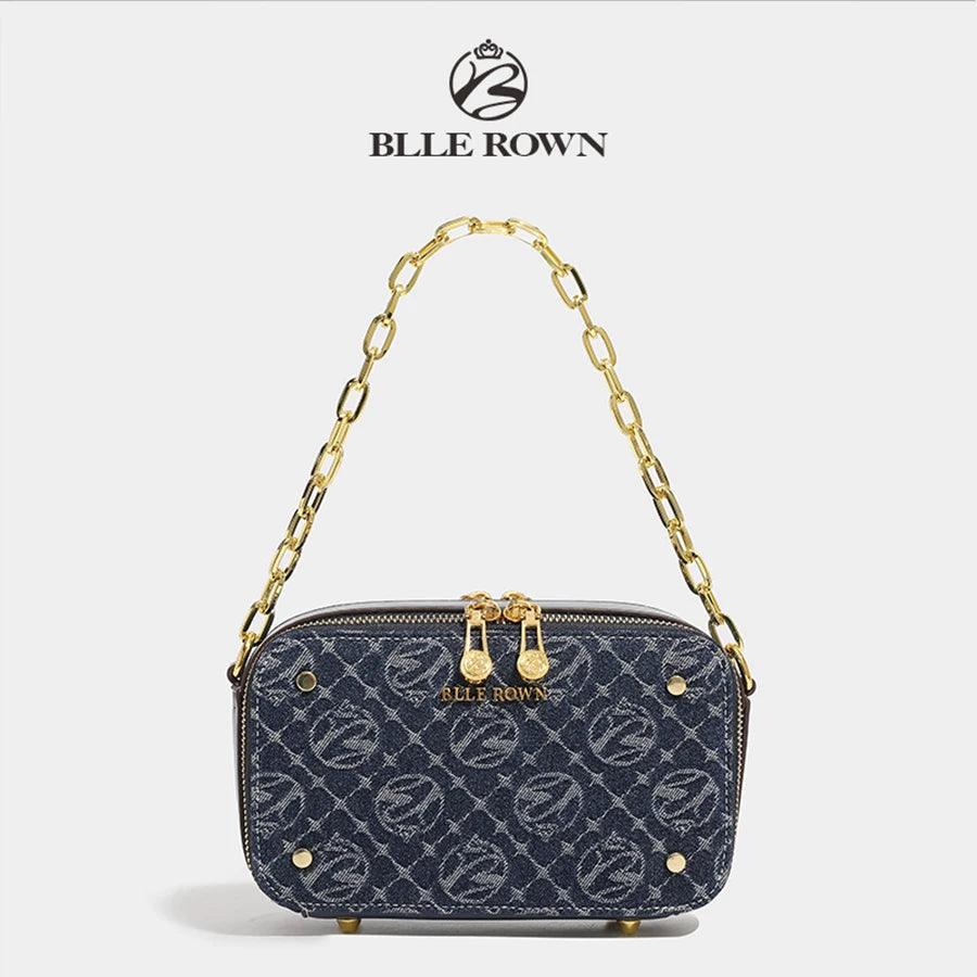 Retro Blue Metal Chain Square Shoulder Bag for Women