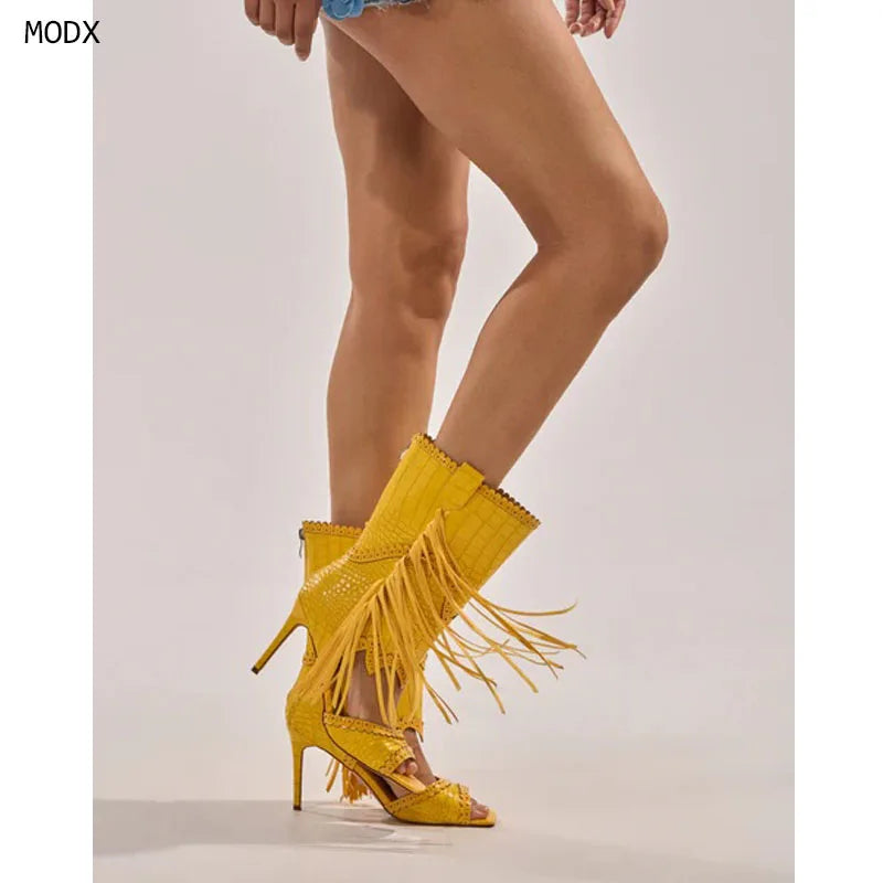 Hollow Out Open Toe Zipper Stiletto Heels Boots for Women