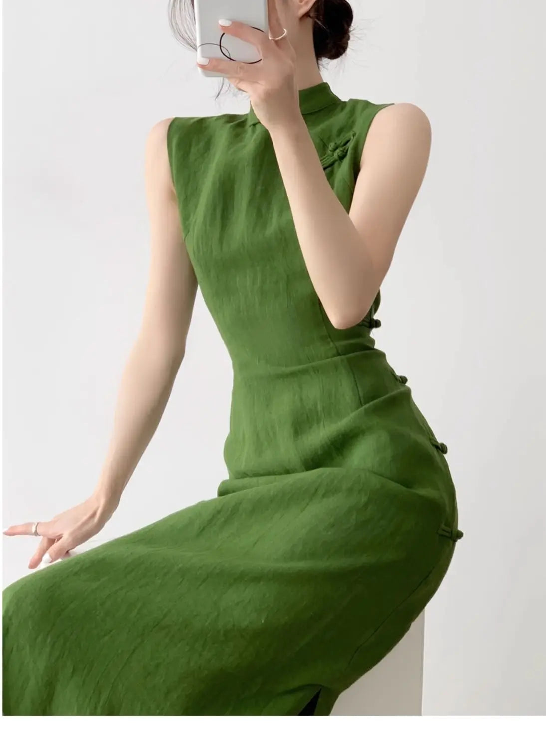Moss Green Retro Chinese Style Cheongsam Dress for Women