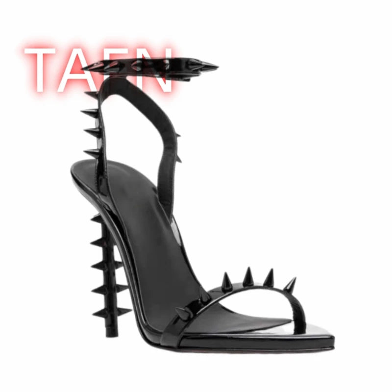 Metallic Spiked Rivets Open Toe Ankle Strap Stiletto Sandals for Women
