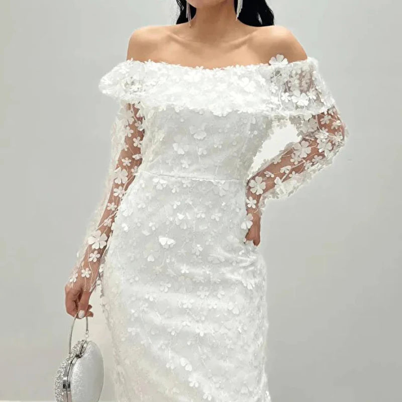 Floral Mesh Off Shoulder Slim Fit Party Long Dress for Women