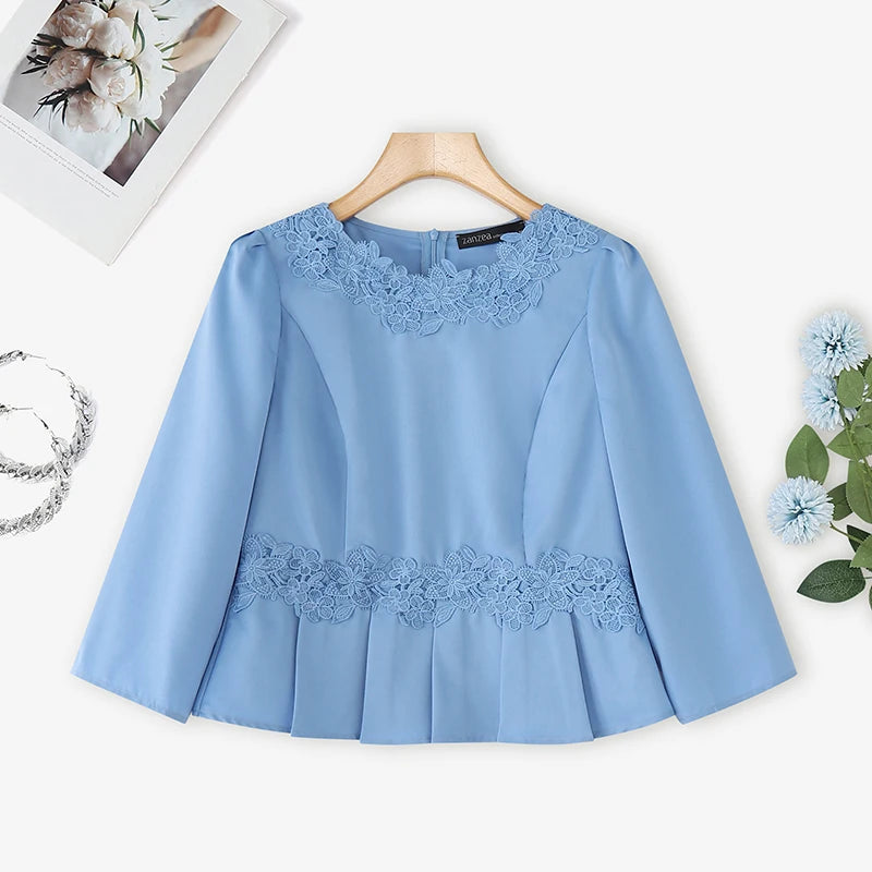 Lace Patchwork Three Quarter Sleeve Peplum Blouse for Women