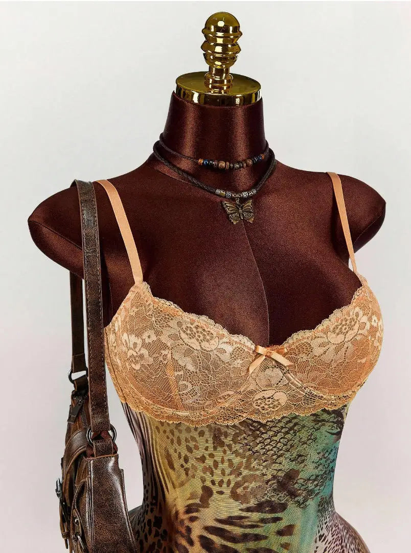 Leopard Print Lace Spaghetti Strap Bodycon Dress for Women