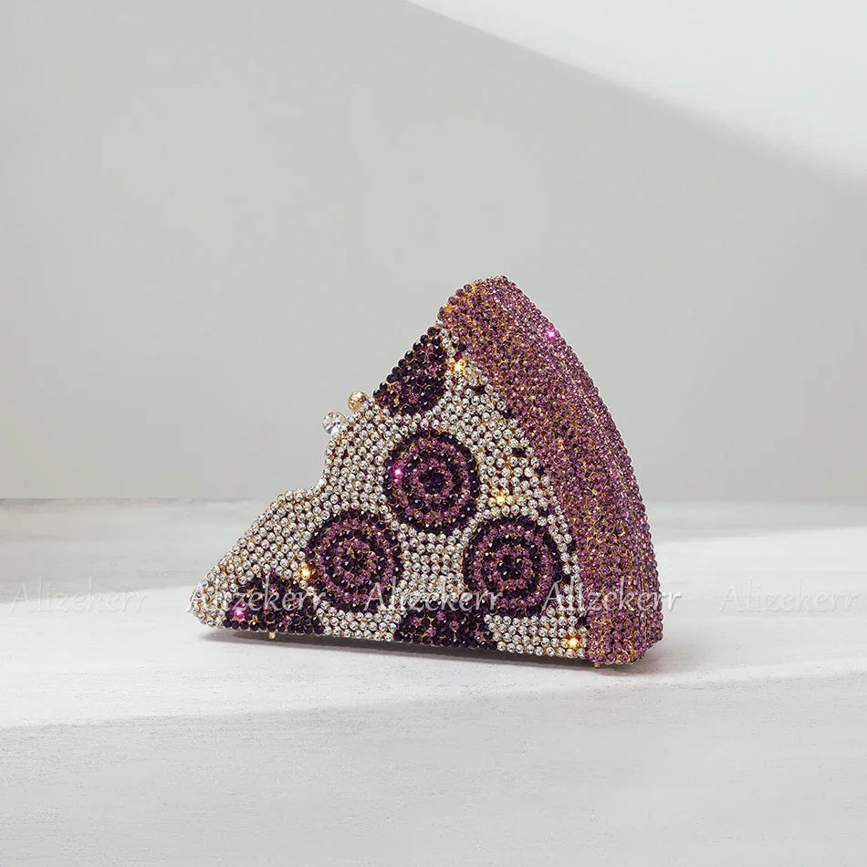 Alizekerr Pizza Shaped Diamond Evening Clutch Bags 2024 New Gorgeous Unique Metallic Watermelon Rhinestone Purses Wedding Party