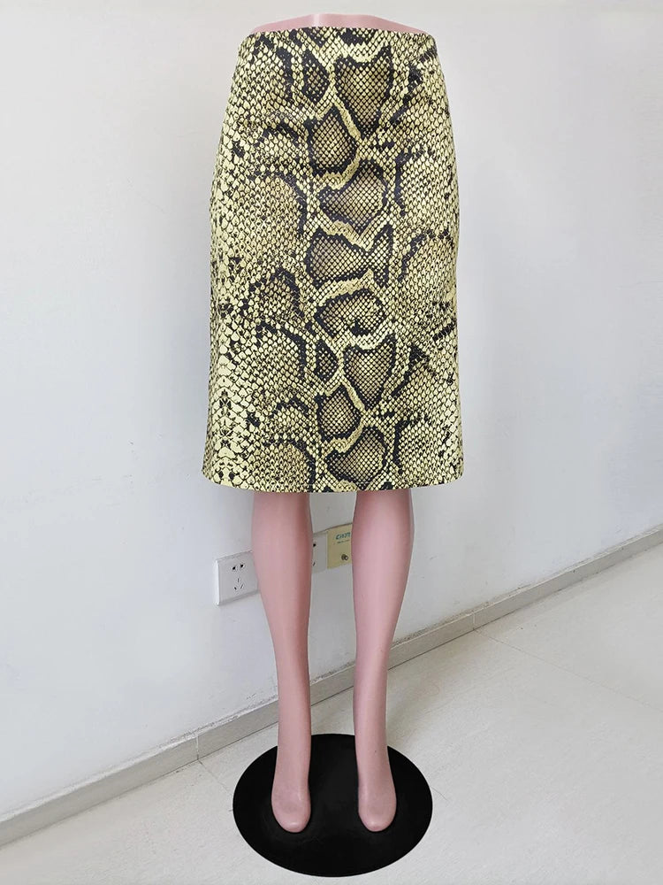 Snake Print High Waist Slim Fit Midi Skirt for Women