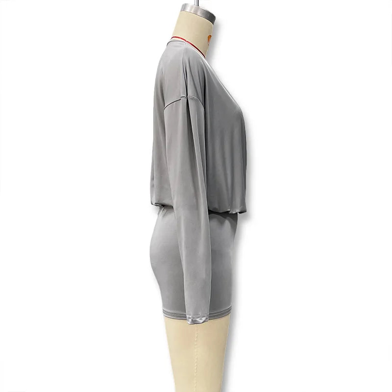Solid Color Long-Sleeved V-Neck Mini Dress for Women
