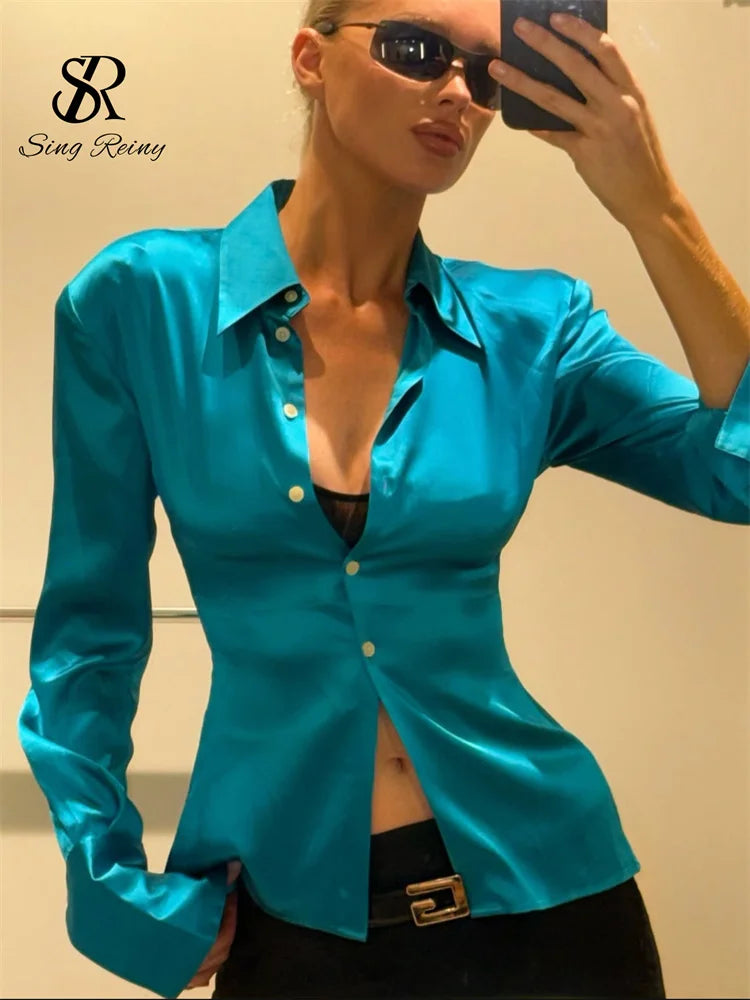 Slim Fit Satin Long Sleeve Button-Up Blouse for Women
