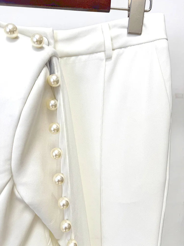 HIGH STREET Newest 2026 Designer Runway Suit Set Women's Pearls Beaded Gauze Patchwork Slim Fitting Blazer Pants Set