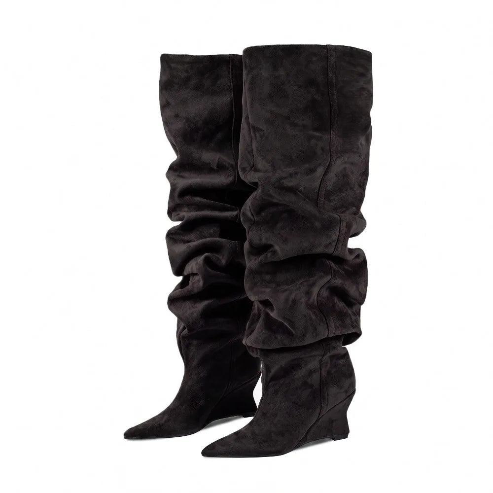 Pointed Toe Denim Over-The-Knee With Wedge Boots for Women