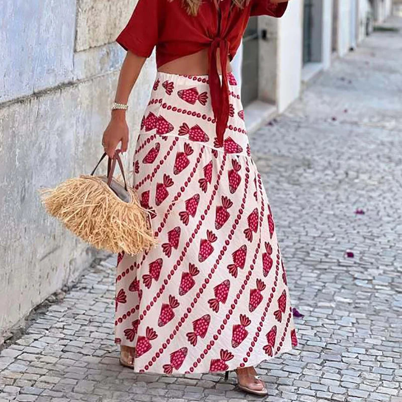 Women Autumn Beach Style Sexy Skirts, 2025 Patchwork Chic Elegant Fashion Skirts, Holiday Simple Retro Print Ladies Maxi Skirts