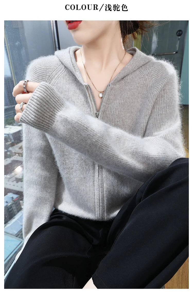 Loose Hooded Cashmere Knit Zipper Cardigan for Women