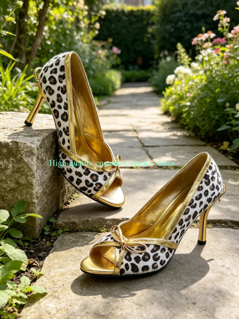 Leopard Print Gold Lace Bow Strappy Sandals for Women