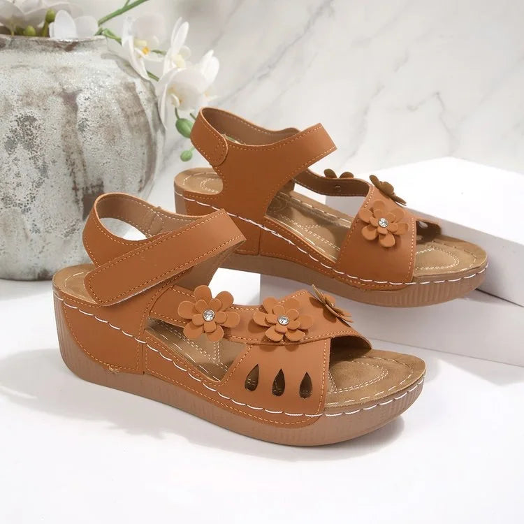 Modern Floral Buckle Wedge Sandals